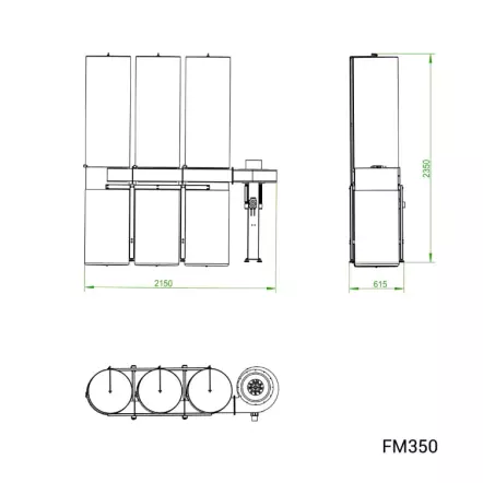 FM350 Aspirateur à copeaux 3 sacs 570 litres - 380V / 50Hz 4kW 5,5Cv 4860m³/h