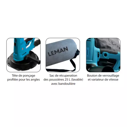 LEMAN - LOPOM226 Ponceuse murale 225 mm 900 W - 1,2 CV avec système d’aspiration intégré
