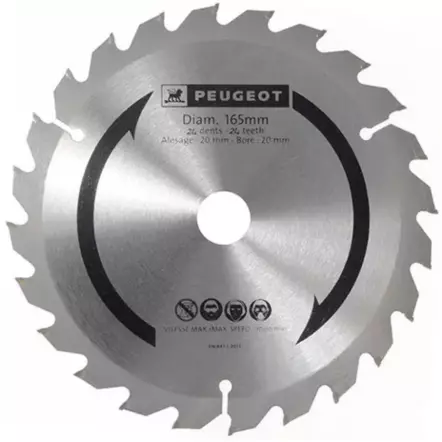 PEUGEOT - 801320 Lame scie circulaire Diamètre : 165 mm. Alésage : 20 mm. Nombre de dents: 24. Bois / PVC