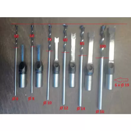 STM26B Coffret de 6 mèches et bédanes carrés ø 6-8-10-12-14 et 16 mm Q.19 mm