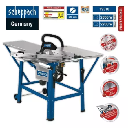 SCHEPPACH - TS310 Scie circulaire - 230V 2200 W - avec chariot, rallonges AR et 2 lames Ø 315mm 24 et 48 dents (coupe max. 83 mm)