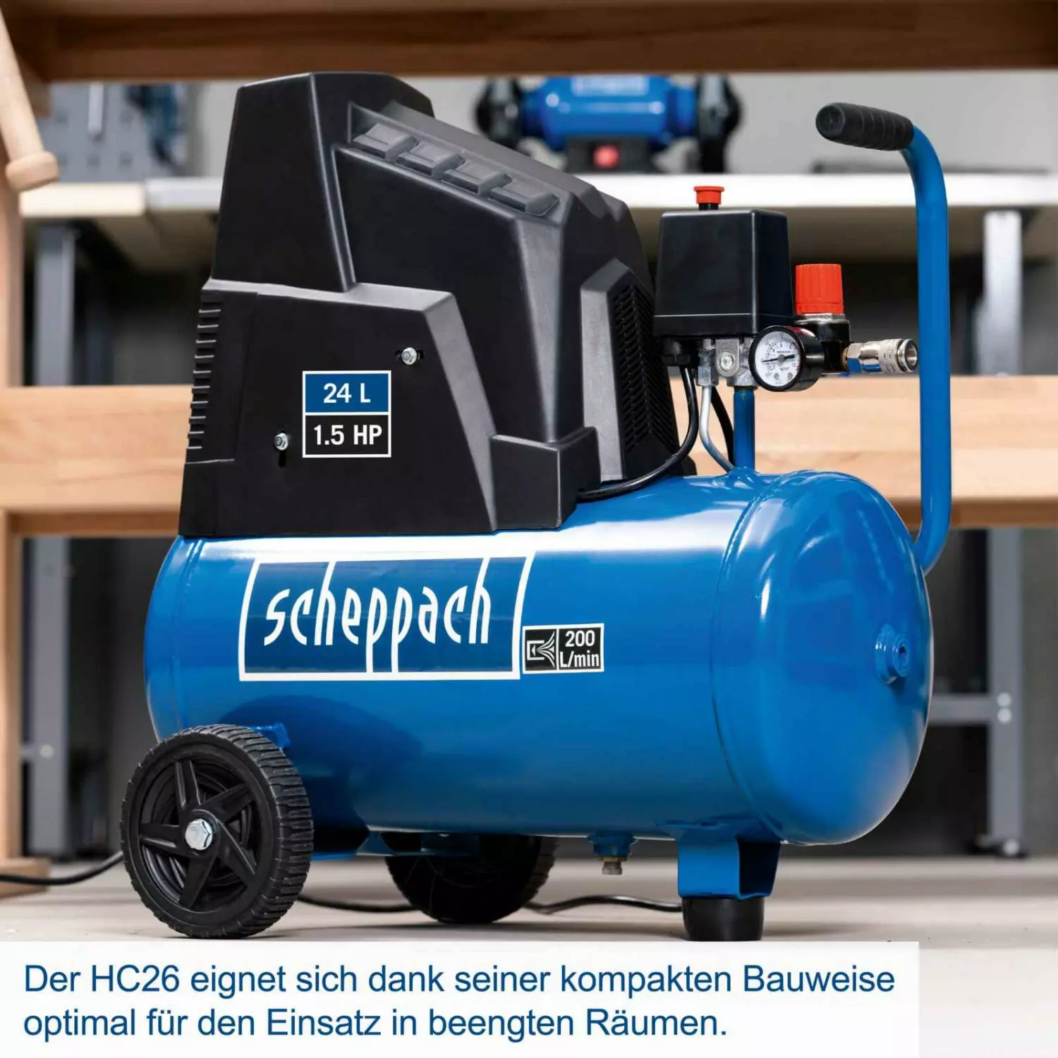 Compresseur D'air Scheppach HC26 - 1500 W, Cuve 24 L, Pression 8 Bar, Lubrifié à L'huile, Avec Poignée De Transport