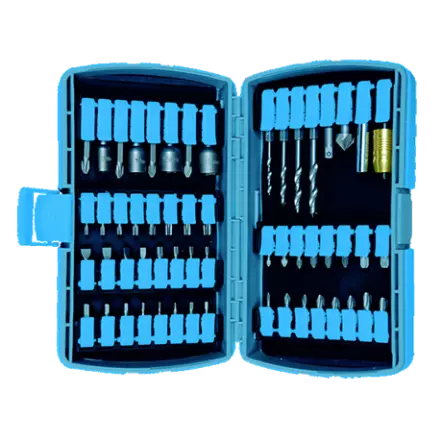 Boîte de 44 embouts + 2 porte-embouts + 1 adaptateur 1/4 + 4 mèches bois + 4 douilles + 1 fraisoir