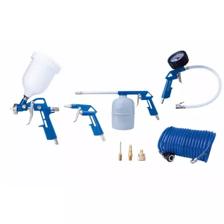 Kit d'accessoires pour compresseur 8 pièces - tuyau de 5 m, pistolet à peinture, gonfleur de pneus, pistolet pulvérisateur, pistolet de soufflage, 3 adaptateurs différents