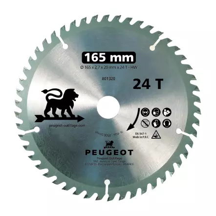 Lame scie circulaire Diamètre : 165 mm. Alésage : 20 mm. Nombre de dents: 24. Bois / PVC