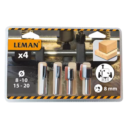 Coffret (blister) de 4 mèches de défonceuse carbure queue ø8 mm - Diamètres ø8 - ø10 - ø15 et ø20 mm