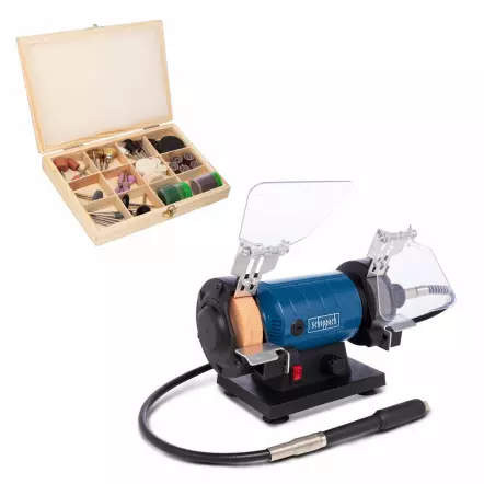 HG35 - Touret double avec arbre flexible - 2 meules ø75x20 mm + coffret 103 Accessoires !