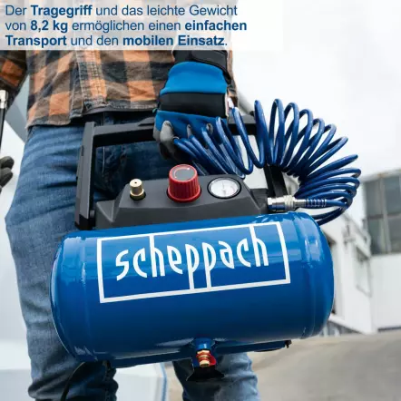 HC06 - Compresseur - 8 bar Réservoir 6 L Sans huile - Comprend un kit d'accessoires 5 pièces et un tuyau de 5 m
