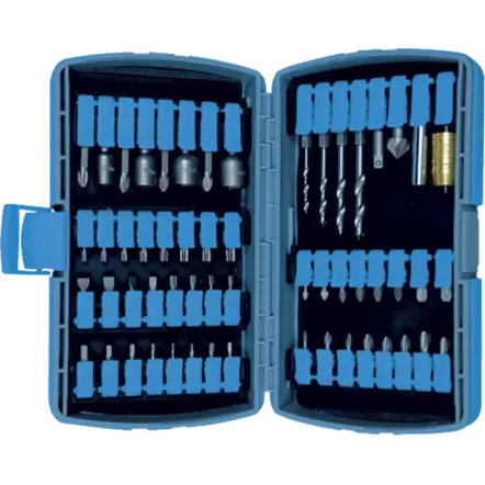 Boîte de 44 embouts + 2 porte-embouts + 1 adaptateur 1/4 + 4 mèches bois + 4 douilles + 1 fraisoir