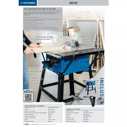 SCHEPPACH - HS110 - Scie Circulaire sur Table - Hauteur de coupe 83 mm - 2ème lame + 3 rallonges de tables OFFERTS