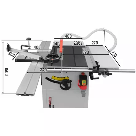 TS250 - Scie sur table Circulaire avec Chariot 1500 mm et rallonges doubles - Hauteur de coupe 80 mm