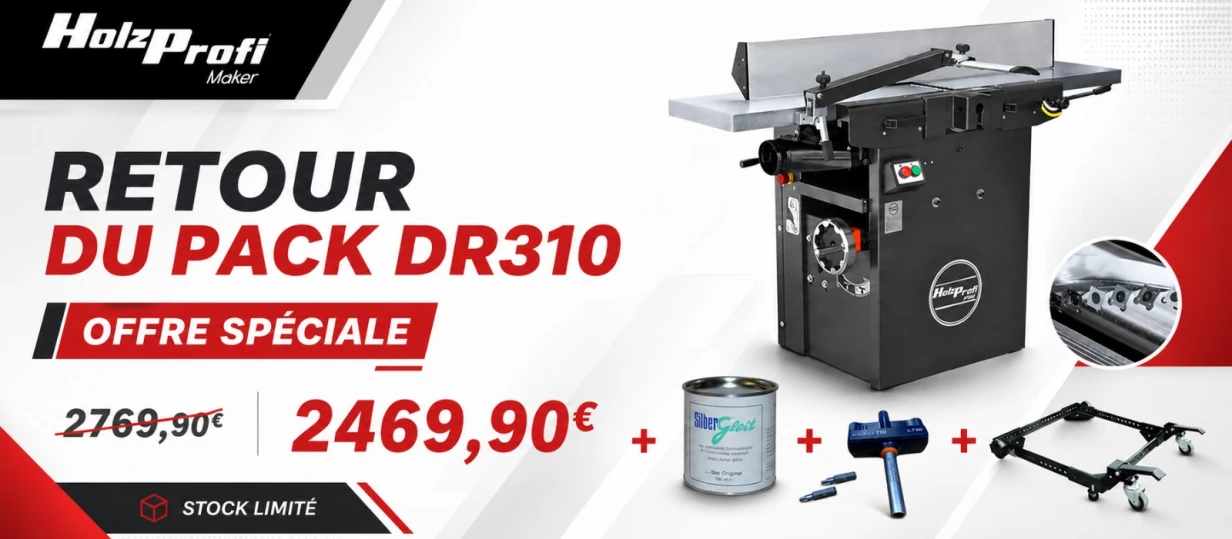 PACK DR310-SPIRAL - Dégauchisseuse-Raboteuse 310 mm avec Arbre Hélicoïdal + Kit déplacement + Glisse-bois + Clé dynamométrique
