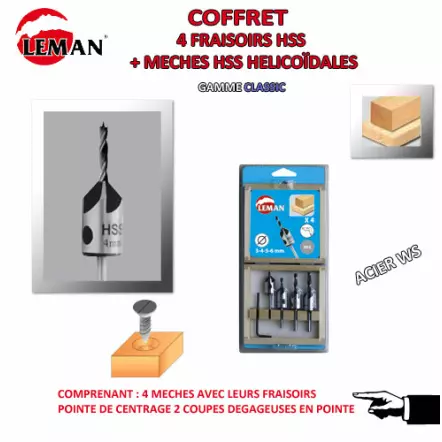 LEMAN - Coffret 4 forets hélicoïdaux + fraisoirs bois ø 3, 4, 5 et 6 mm