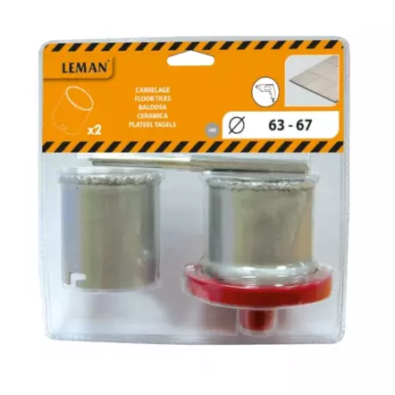 LEMAN - Lot de 2 trépans ø 63 et 67 mm avec embase et foret pilote
