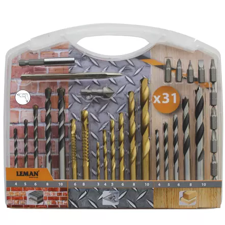 LEMAN - Coffret de forets mixtes Bois / Béton / Métal + embouts - 31 pcs
