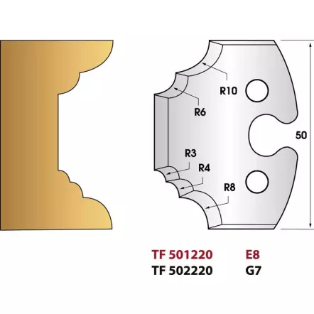 Quart de rond multiple n° 220 - Jeu de 2 fers de toupie Hauteur 50 mm