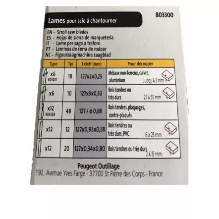 PEUGEOT - Kit de 48 lames de scies à chantourner (127 mm) avec et sans ergots