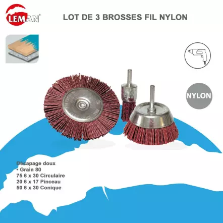 Leman - Lot de  3 brosses pinceau / circulaire / conique en fil nylon
